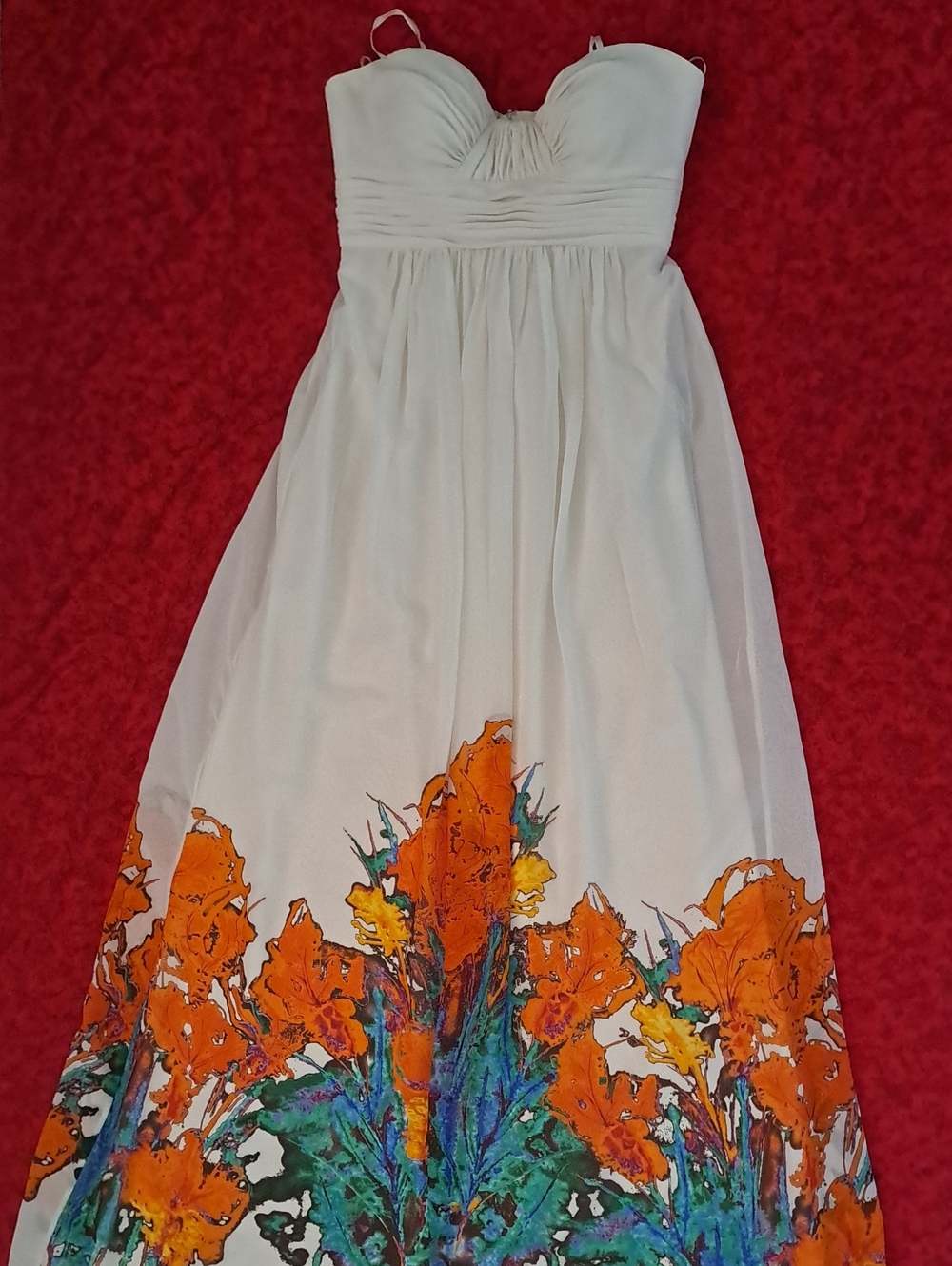 Aidan by Aidan Mattox White Maxi Dress with Orange & Teal Floral Hem